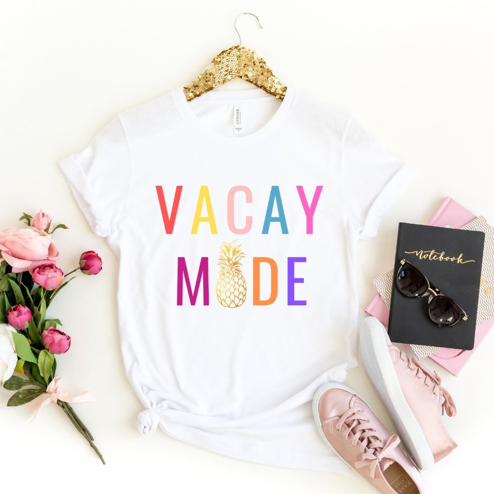 Custom E&B Colorful VACAY MODE graphic T shirt